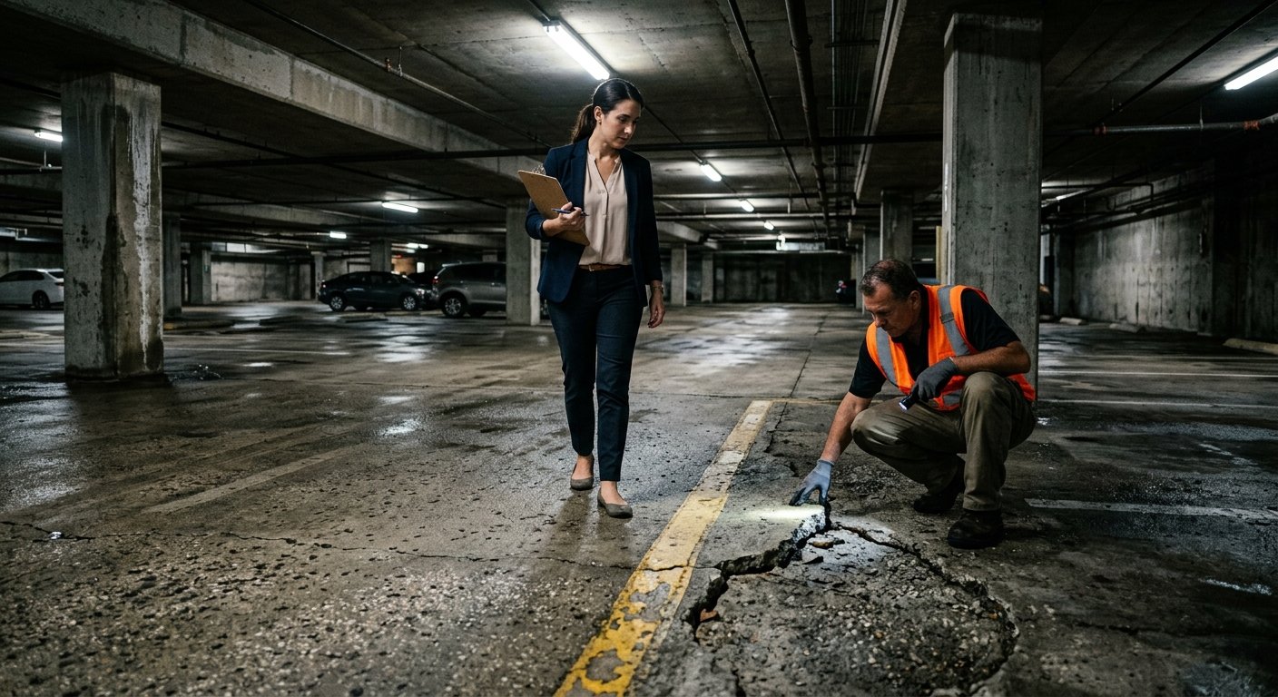 Property manager and maintenance worker examining cracked, uneven concrete flooring in a dimly lit covered parking garage
