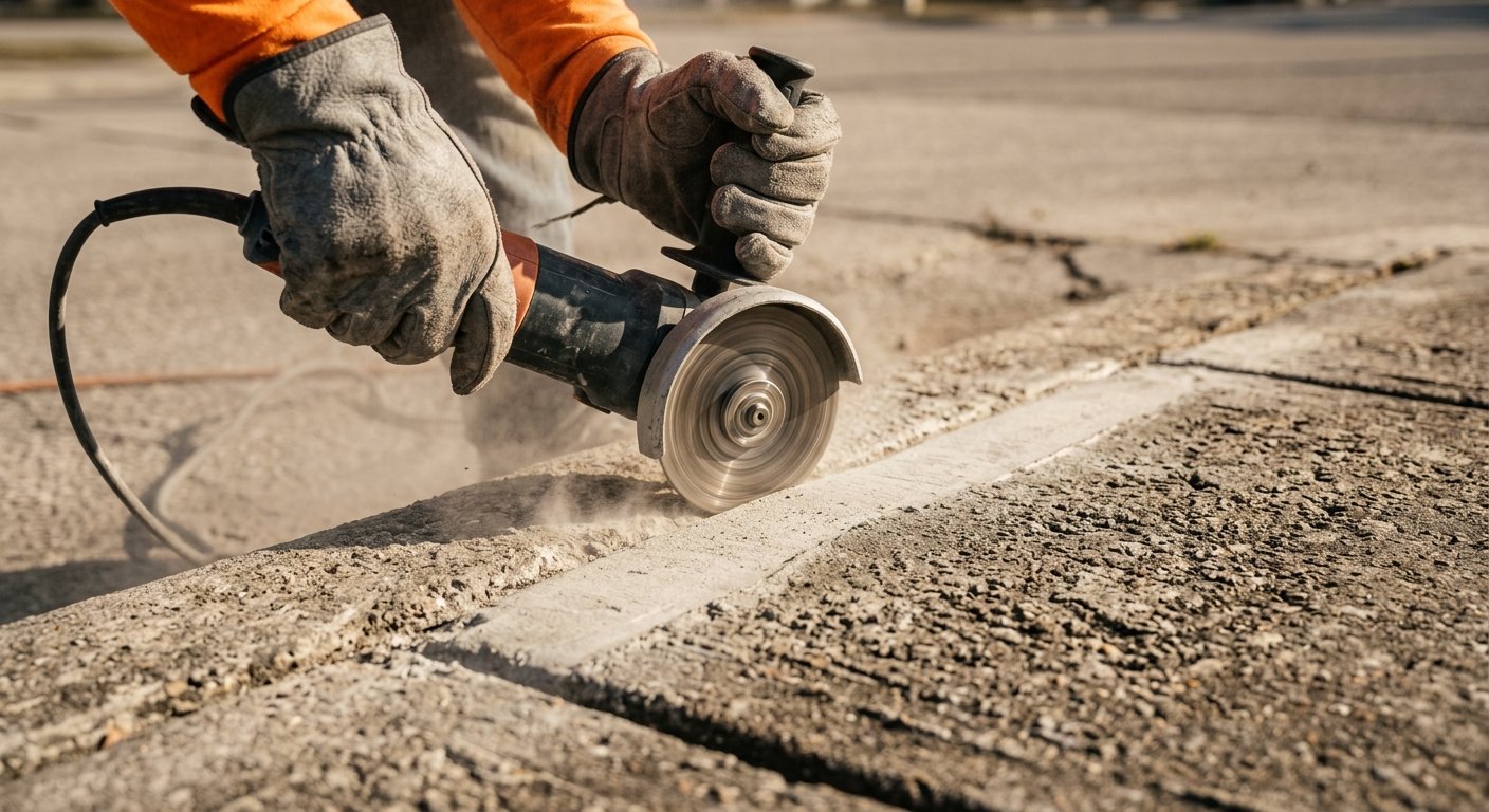 Gloved hands operating a concrete grinding tool on a sunlit sidewalk panel, smoothing an uneven surface edge.