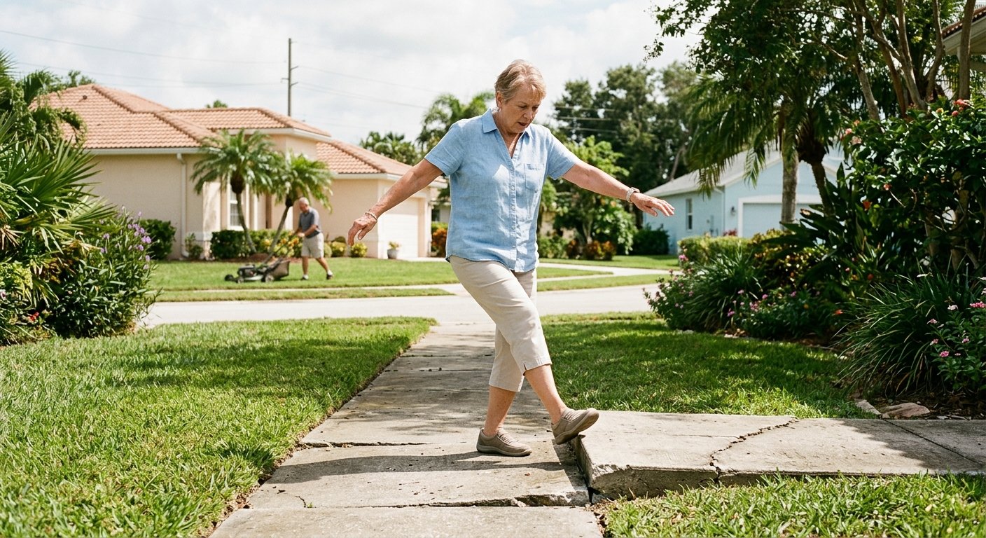Older woman losing balance on a raised, cracked sidewalk slab in a sunny Florida residential neighborhood