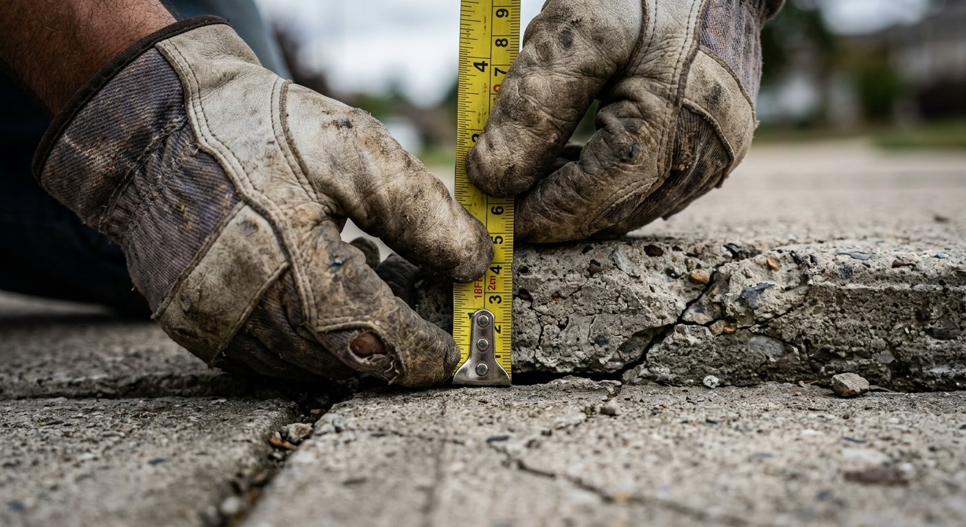Gloved hands holding a tape measure across a raised, cracked concrete sidewalk slab edge, showing the height differential up 
