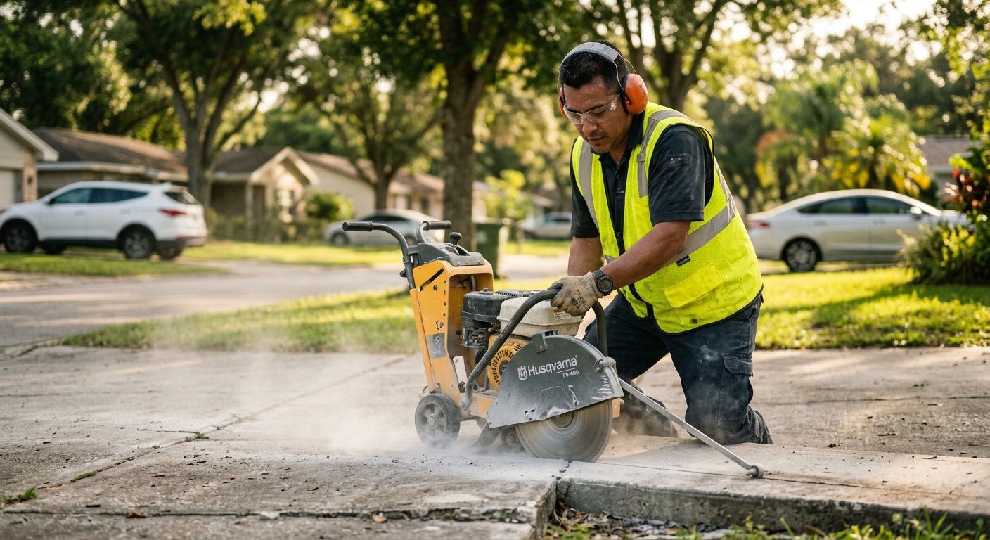 Concrete worker in safety gear operating a cutting saw on a raised sidewalk slab edge in a residential neighborhood, late aft