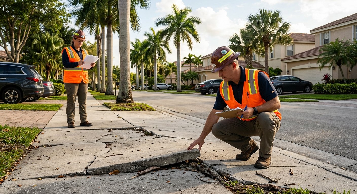 A worker in a hard hat inspects a buckled, cracked sidewalk panel in a Florida neighborhood while a colleague reviews paperwo