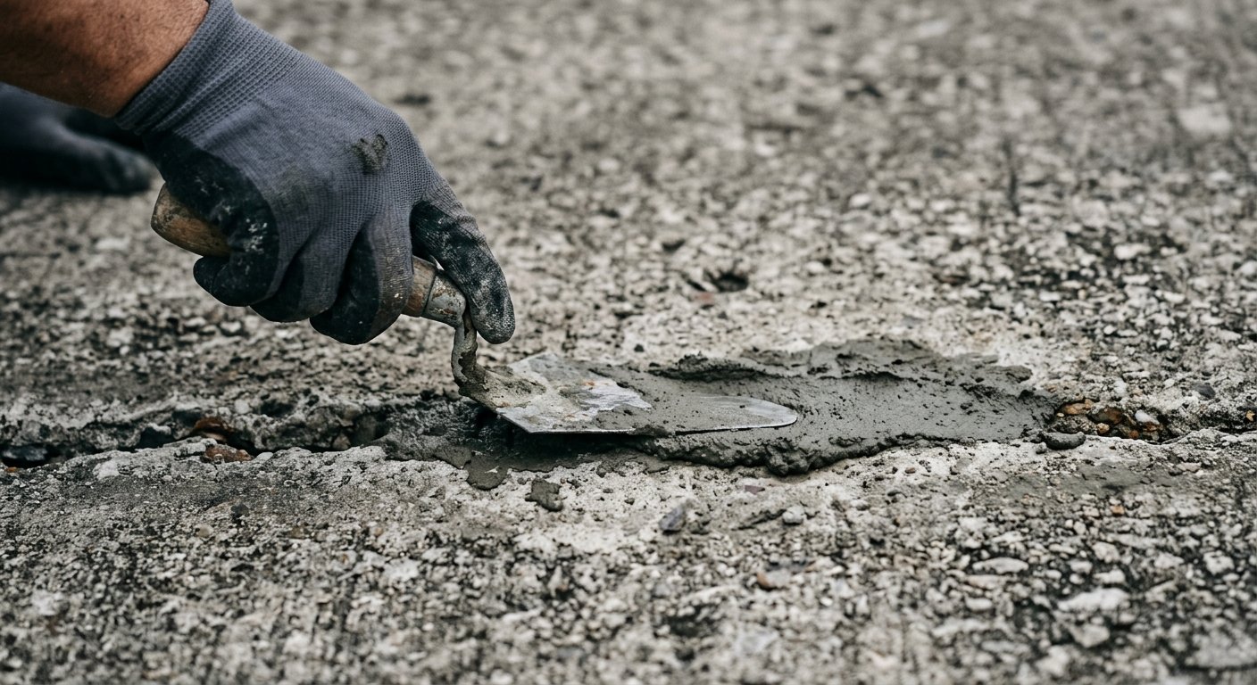 Gloved hands pressing fresh concrete patch into a cracked sidewalk joint with a steel trowel, showing old and new material si