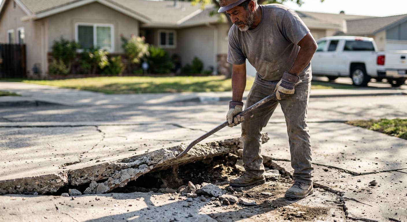 Worker prying up a crumbling, deeply spalled concrete slab panel, exposing a dark void in the soil beneath it.