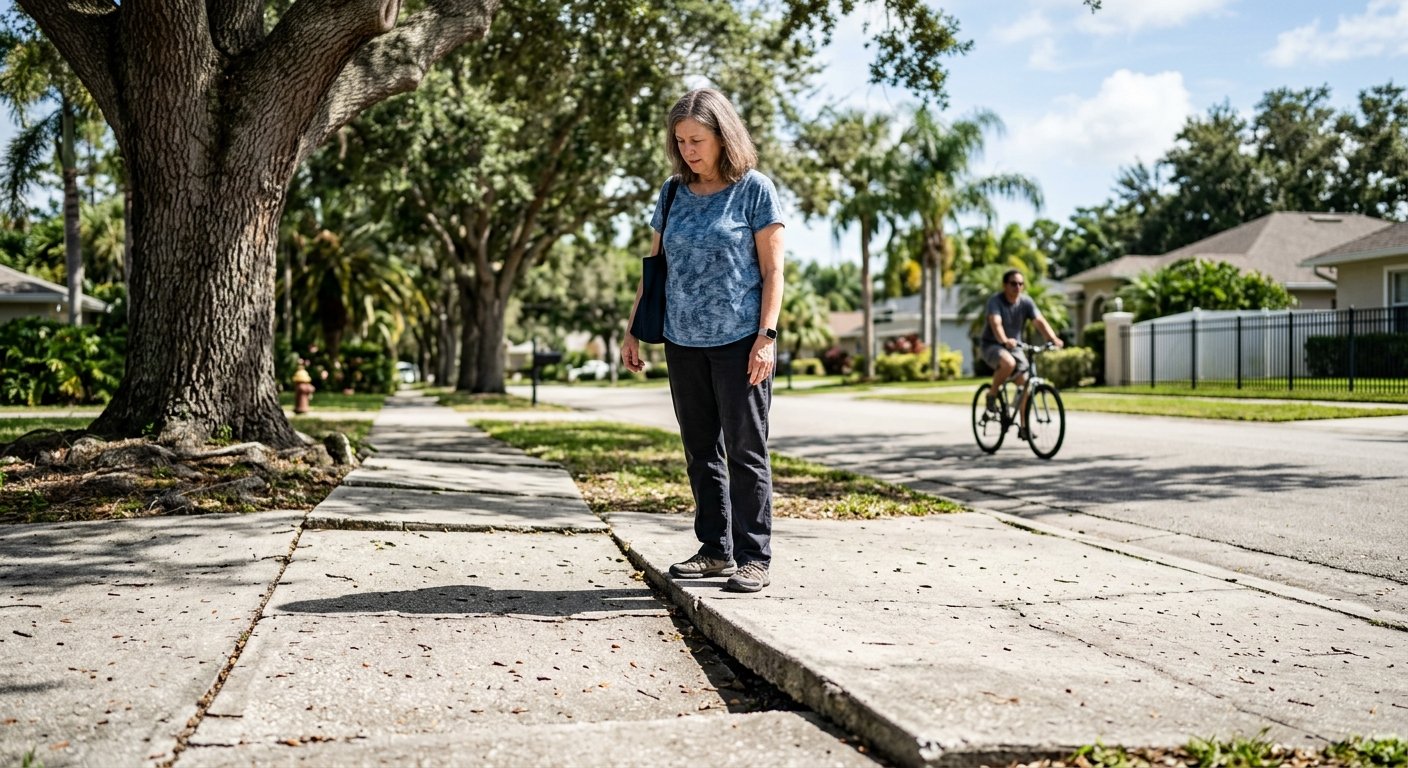 Woman stopping on a cracked, root-lifted sidewalk slab in a sunny Florida suburban neighborhood at midday.