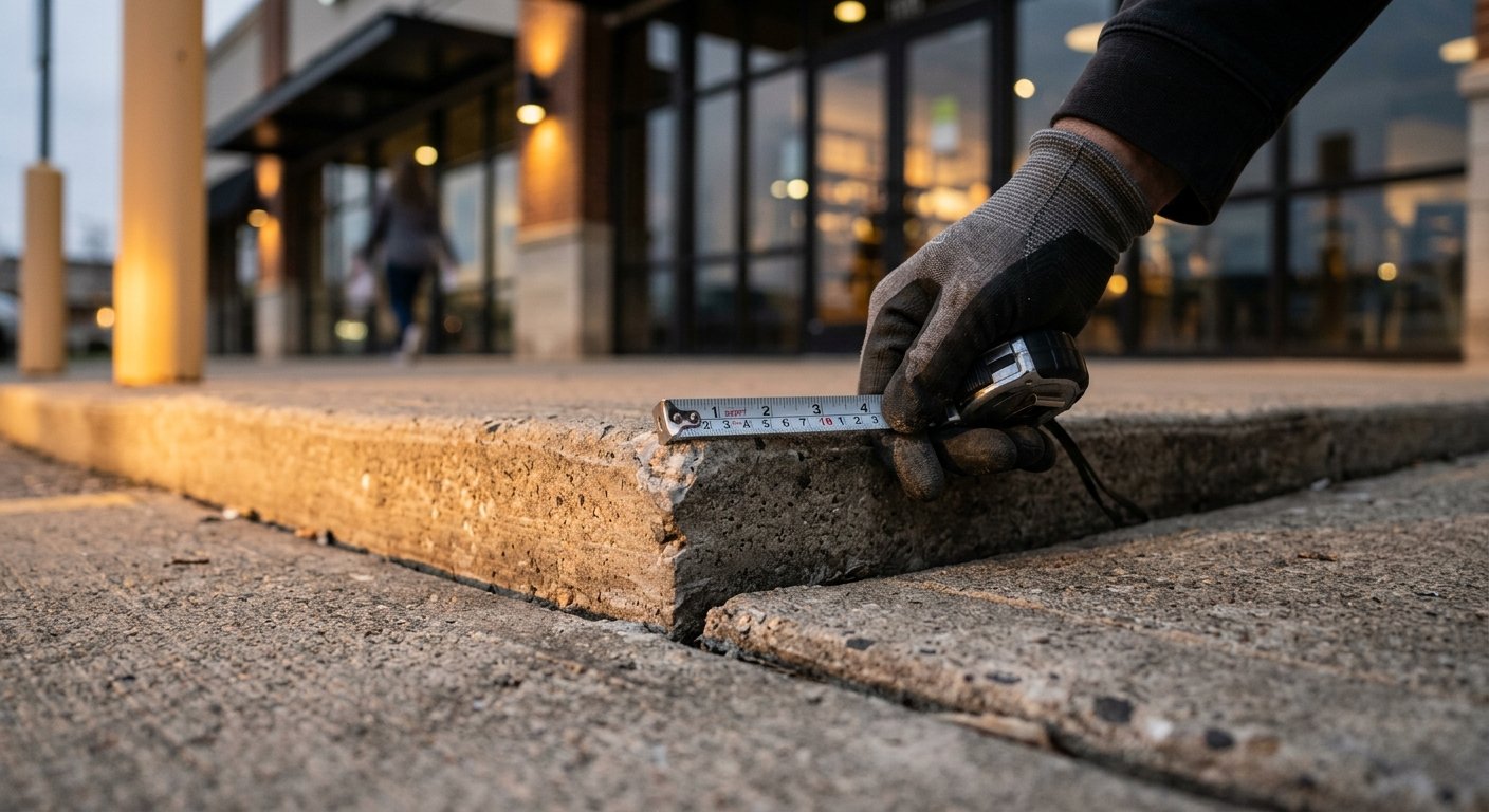 Gloved hand holding a measuring tape across an uneven raised concrete slab joint at a commercial building entrance