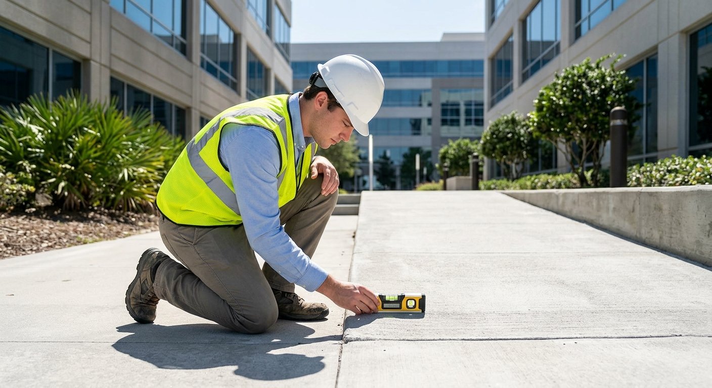 Male inspector in safety vest kneels at a concrete ramp transition, pressing a digital level tool against the sloped surface 