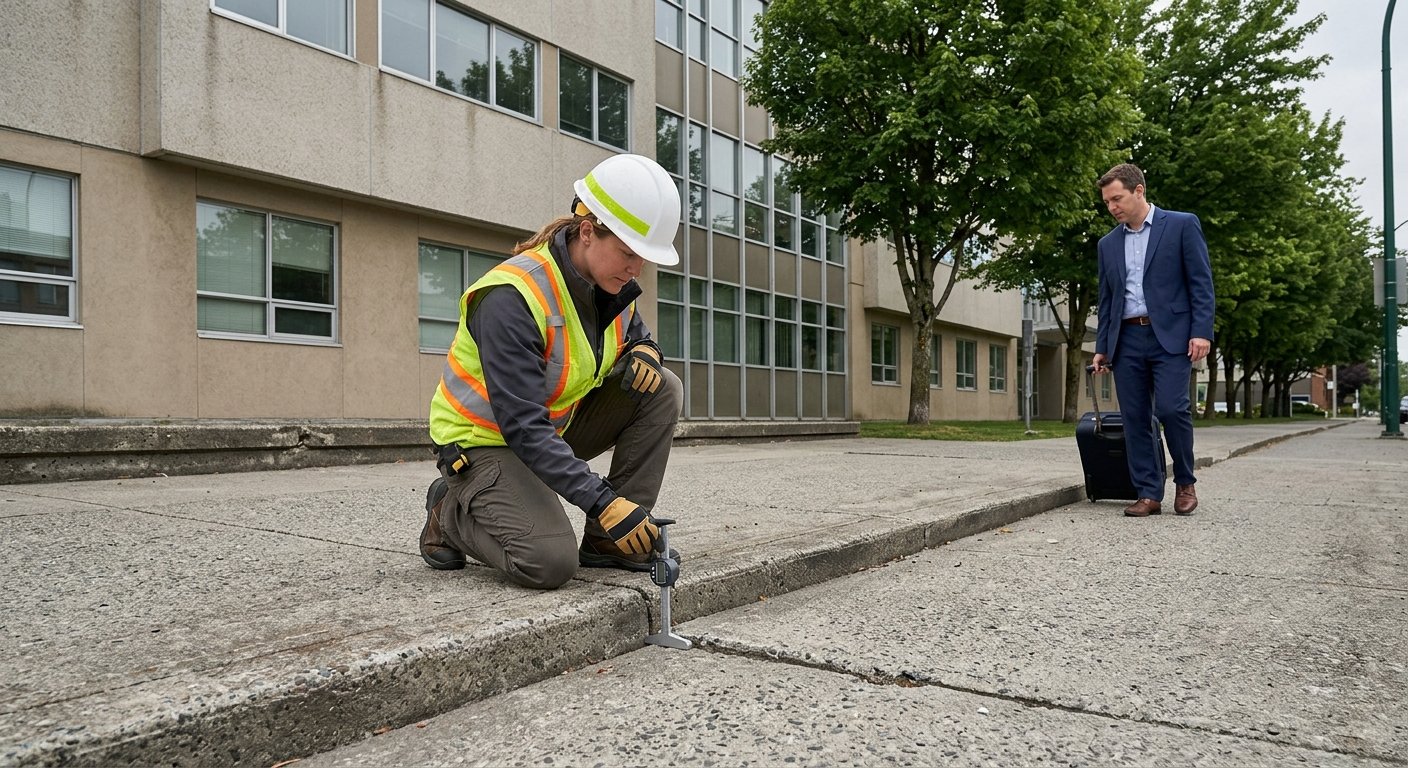Inspector measuring a raised sidewalk joint outside a government building while a pedestrian with luggage pauses nearby