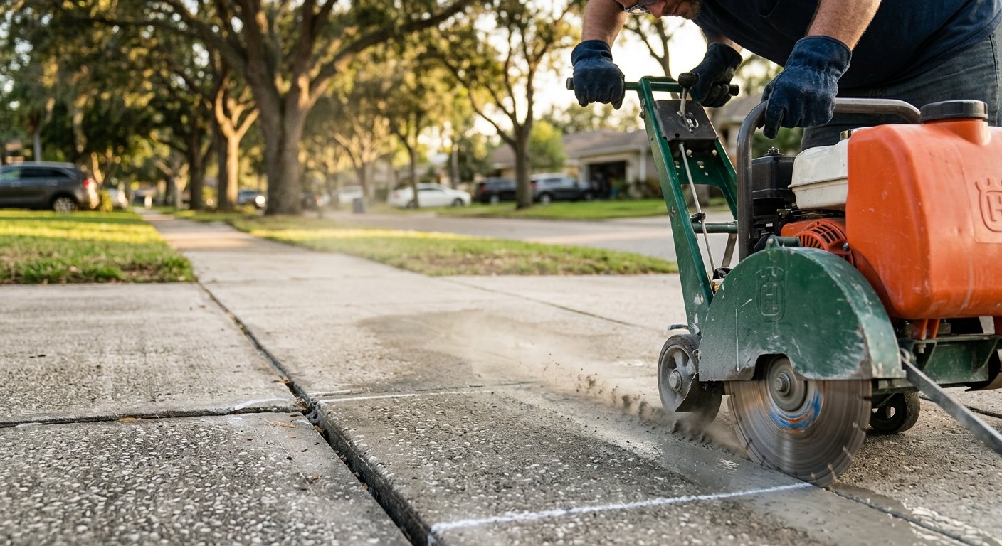 Gloved hands operating a diamond-blade concrete saw cutting through a sidewalk slab, dust rising along the cut line in aftern