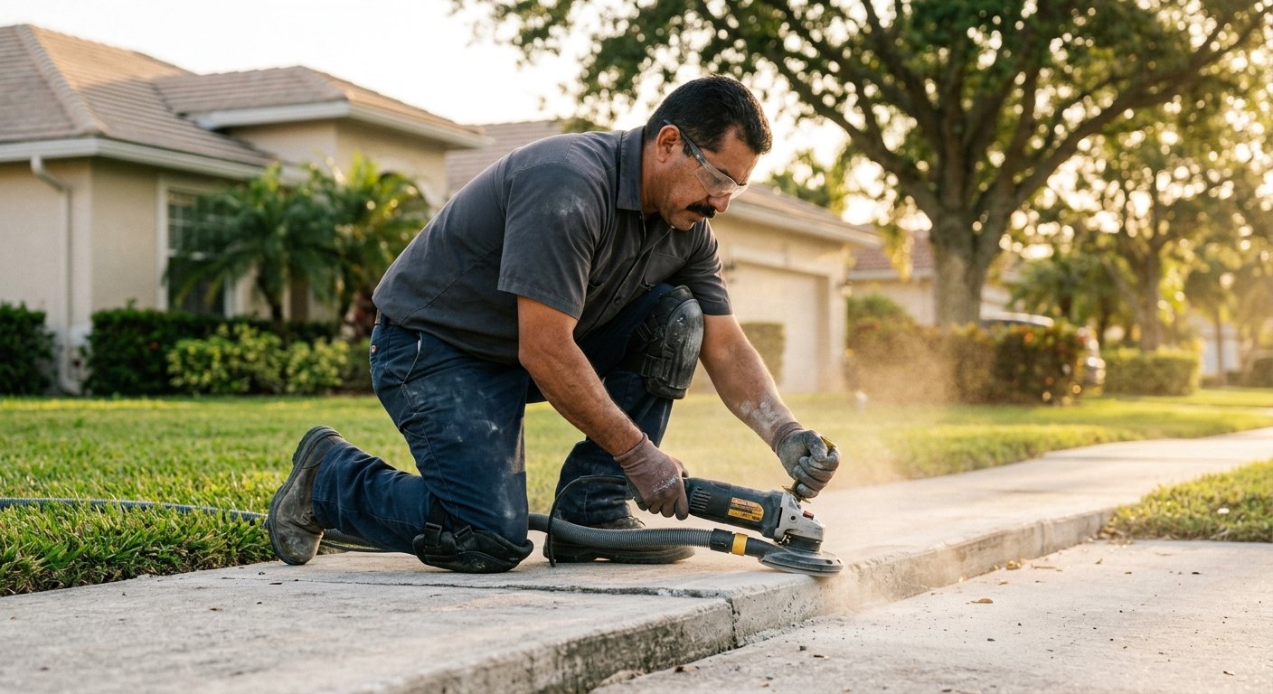 Concrete technician kneeling on a residential sidewalk grinding a raised panel edge in late afternoon sunlight, oak tree and
