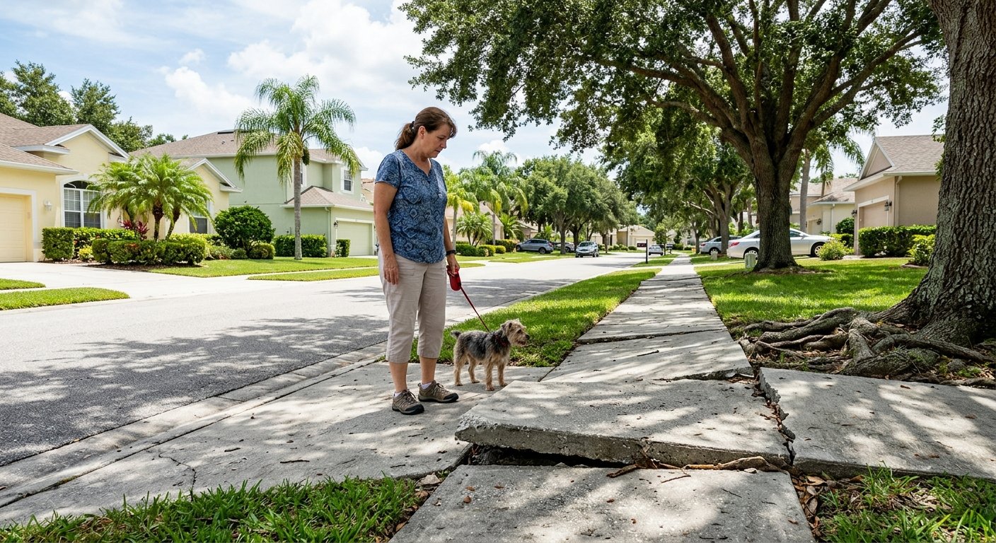 Woman pausing on a heaved, cracked sidewalk lifted by tree roots in a Florida HOA neighborhood under bright midday sun