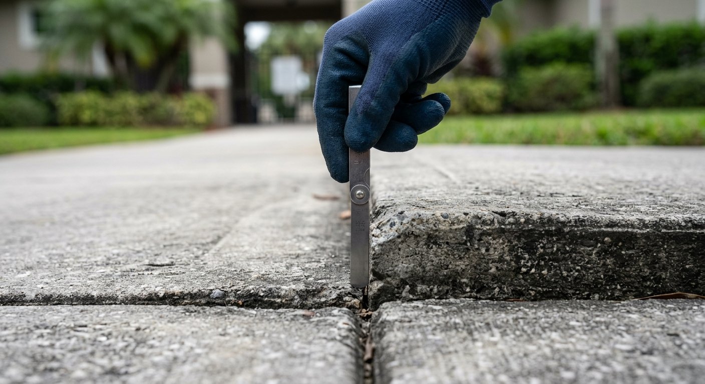 Gloved hand pressing a metal feeler gauge against a raised concrete sidewalk joint, measuring a lip exceeding a quarter inch
