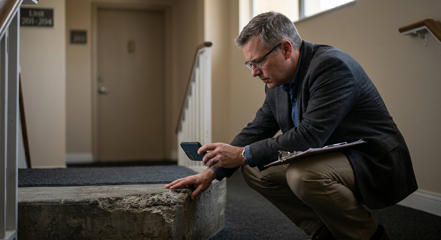 Insurance adjuster crouching on an HOA clubhouse staircase, photographing a damaged step edge with a clipboard in hand.