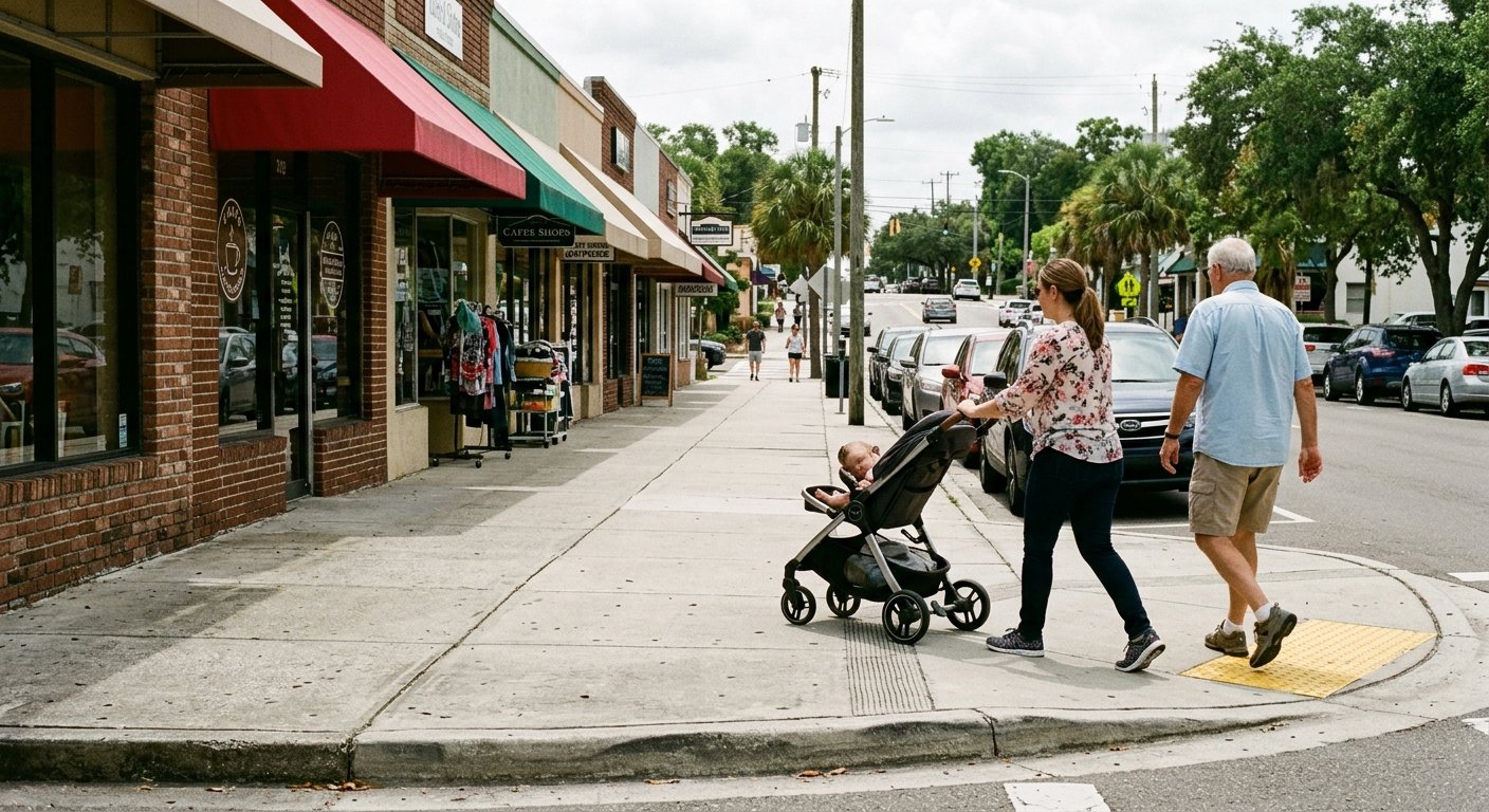 Woman with stroller and older man walking together on a sloped urban sidewalk beside storefronts on a cloudy day.