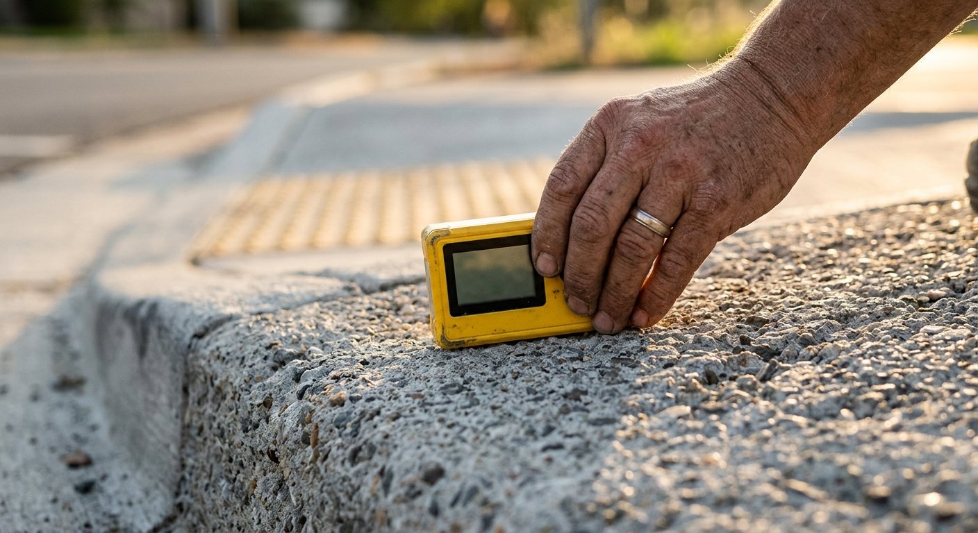 Weathered hands holding a digital inclinometer against a concrete curb ramp flare, measuring its slope angle