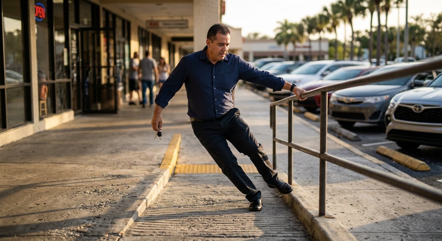 Man in business shirt gripping a handrail to steady himself on a steeply sloped sidewalk ramp outside a strip mall